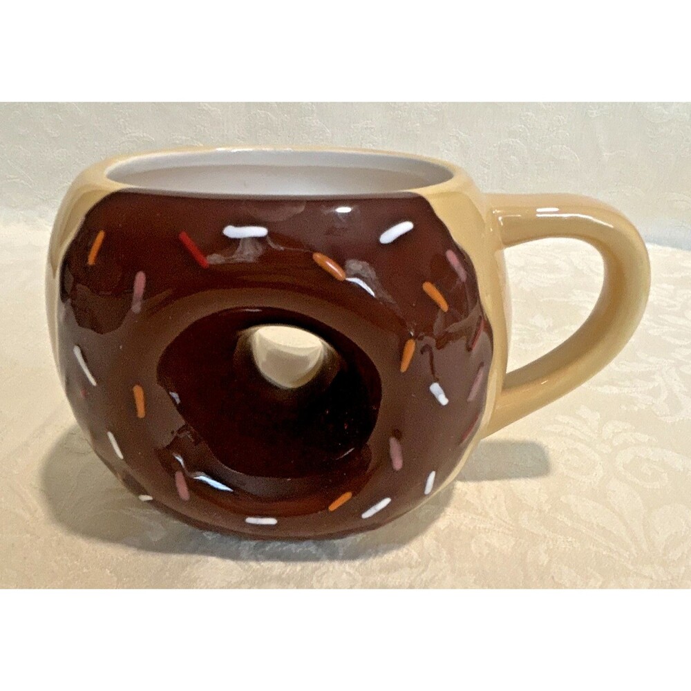 TAG Chocolate Frosted Donut Shaped Coffee Mug 3D Sprinkles Hole in Middle 16oz